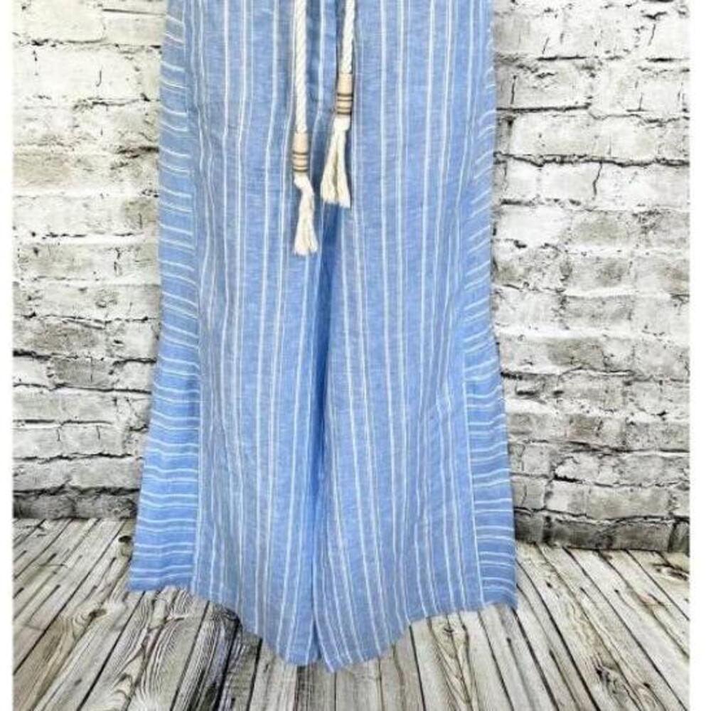 Anthropologie Pants Womens US 10 Light Blue Striped Wide Leg Tassel Belt Linen - Picture 5 of 10